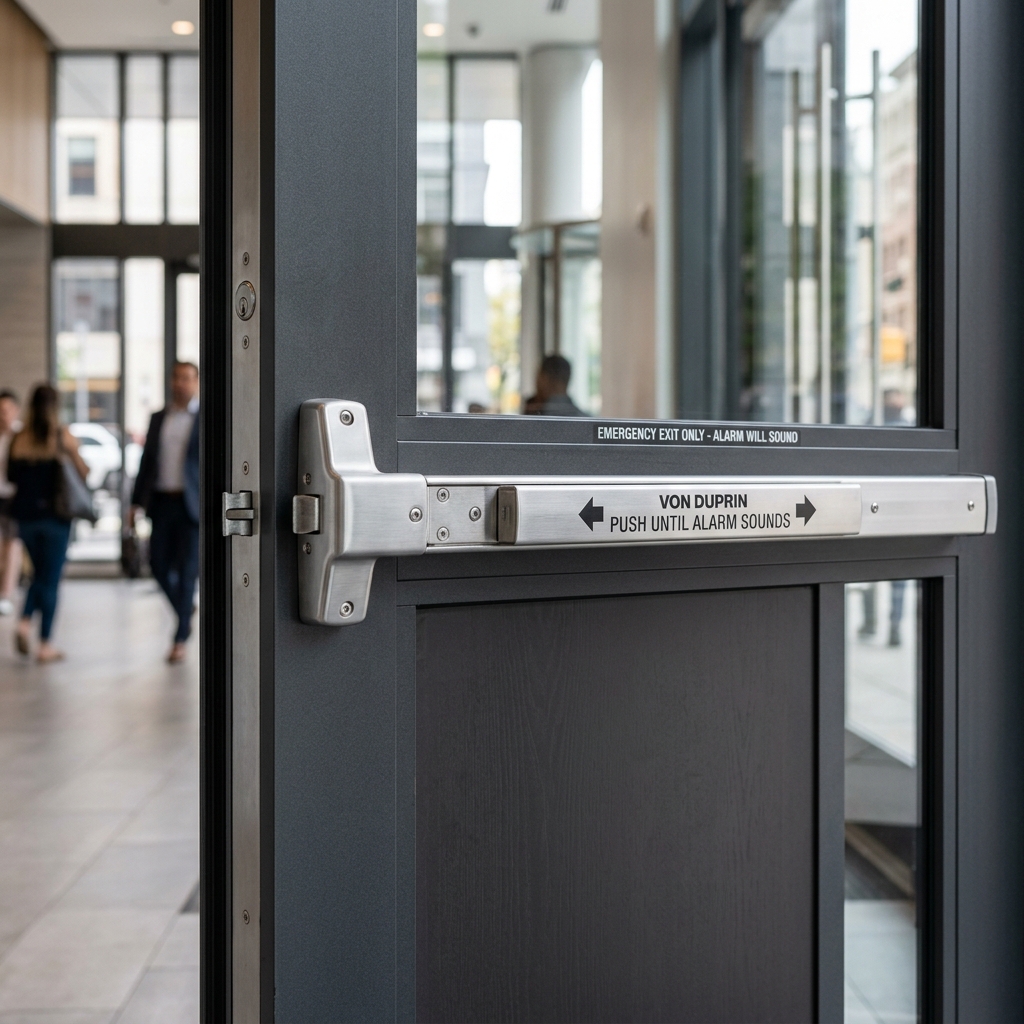 Commercial door push panic bar hardware installation